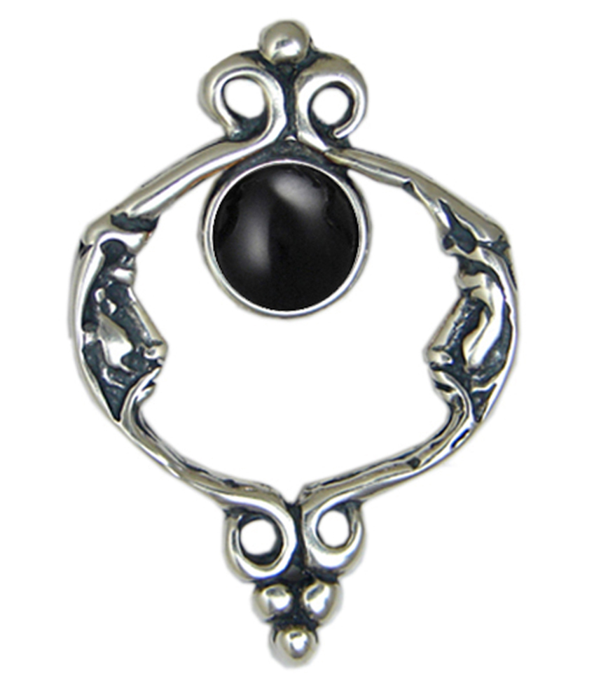 Sterling Silver Unusual Double Moon Necklace With Black Onyx